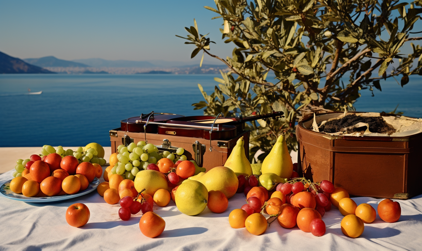 Surreal backyard swimming pool with fruit close-up