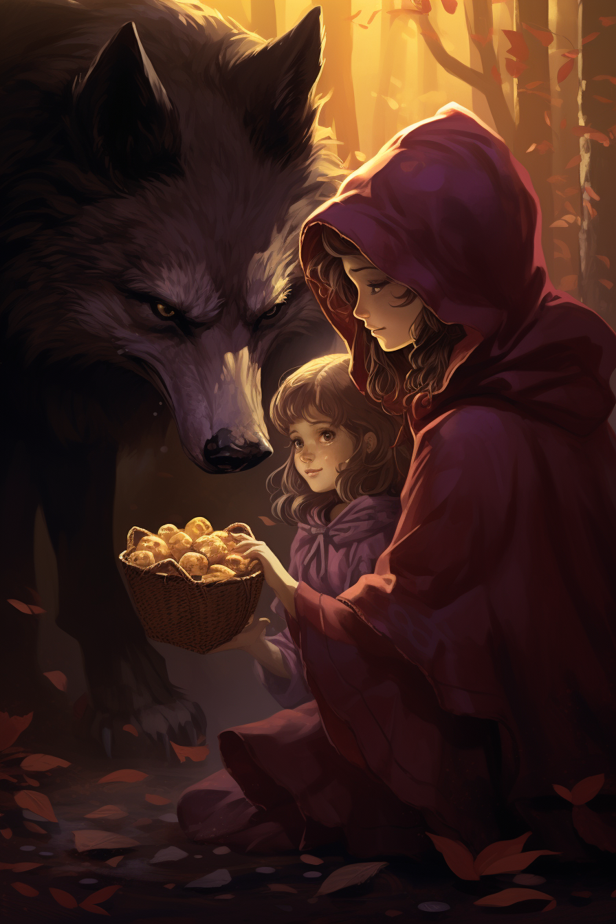 Greedy Wolf on Bags of Gold Giving Coin to Little Red Riding Hood