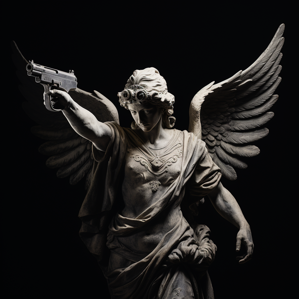 Greek angel statue holding a pistol