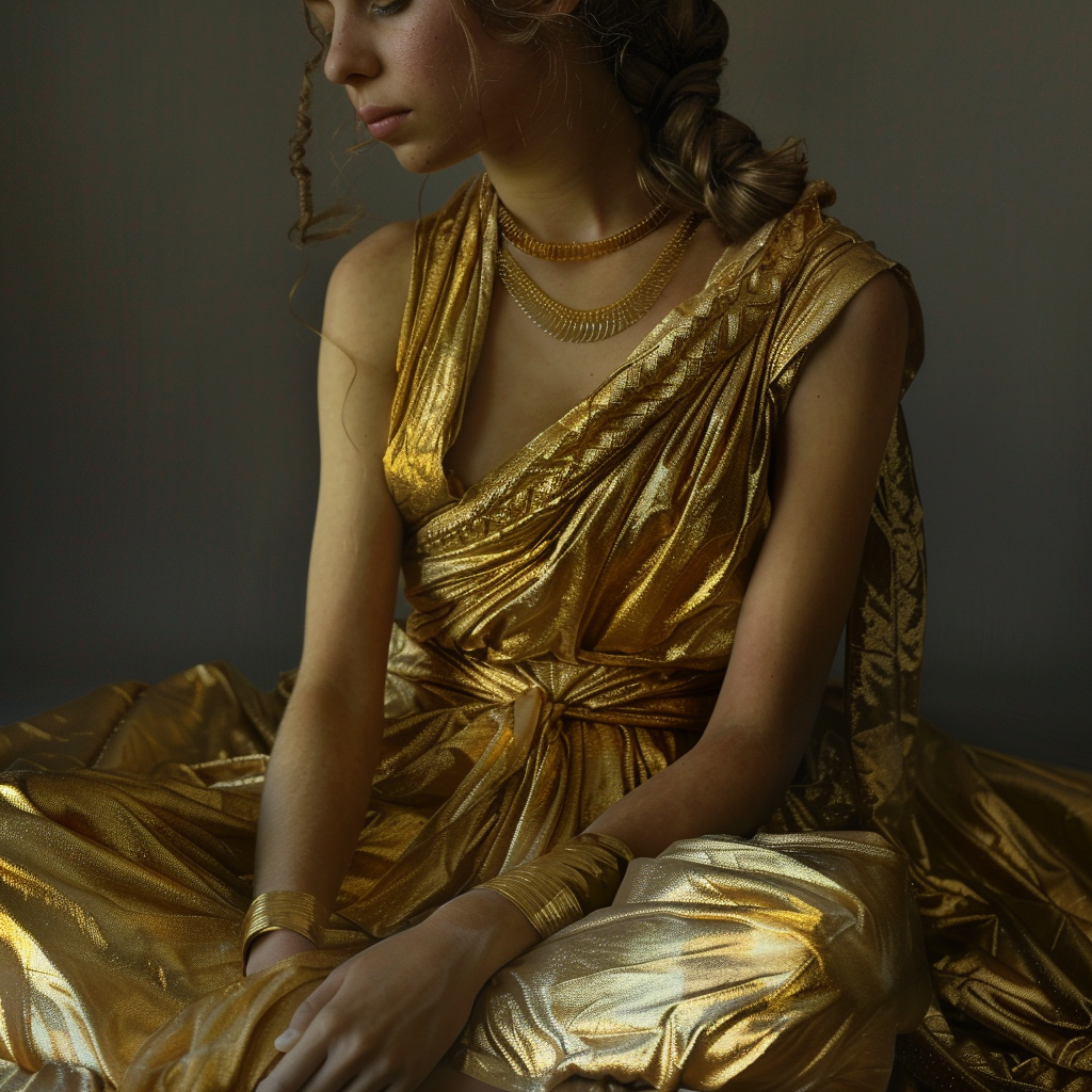 Golden Greek Goddess in Gold Dress