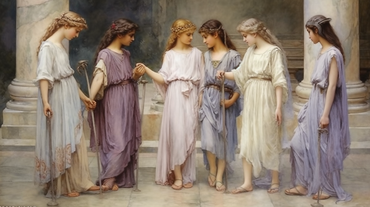 Six girls dressed as Greek goddesses