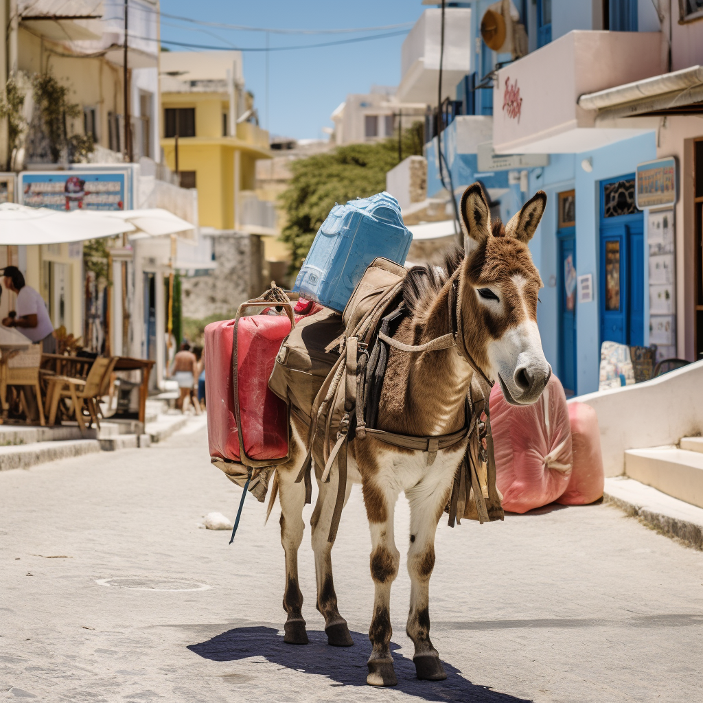 Donkey with saddle bags wandering Greek island street