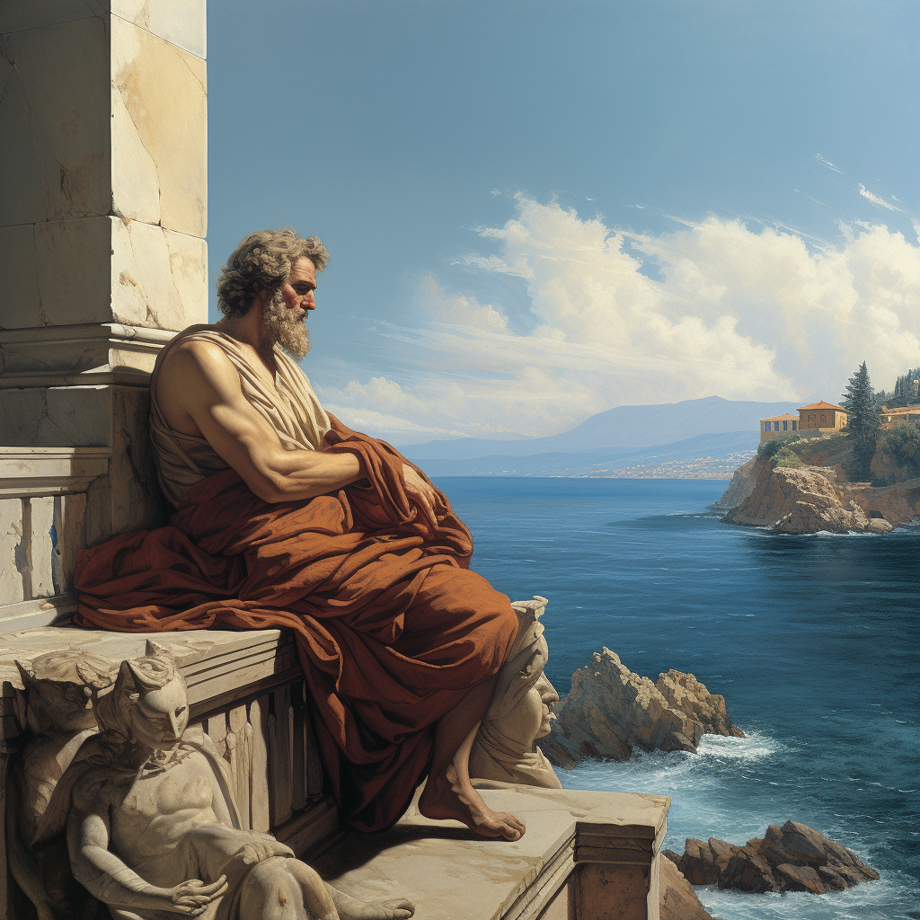 Ancient Greek philosopher overlooking the sea