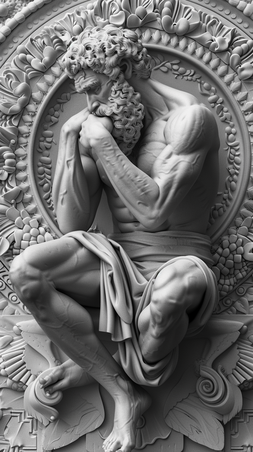 muscular greek philosopher warrior contemplating greyscale