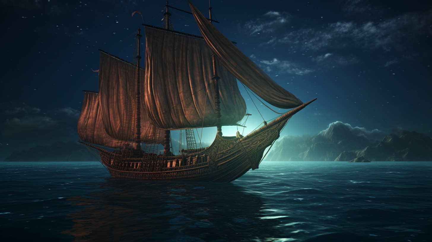 Ancient Greek Ship sailing in the night ocean