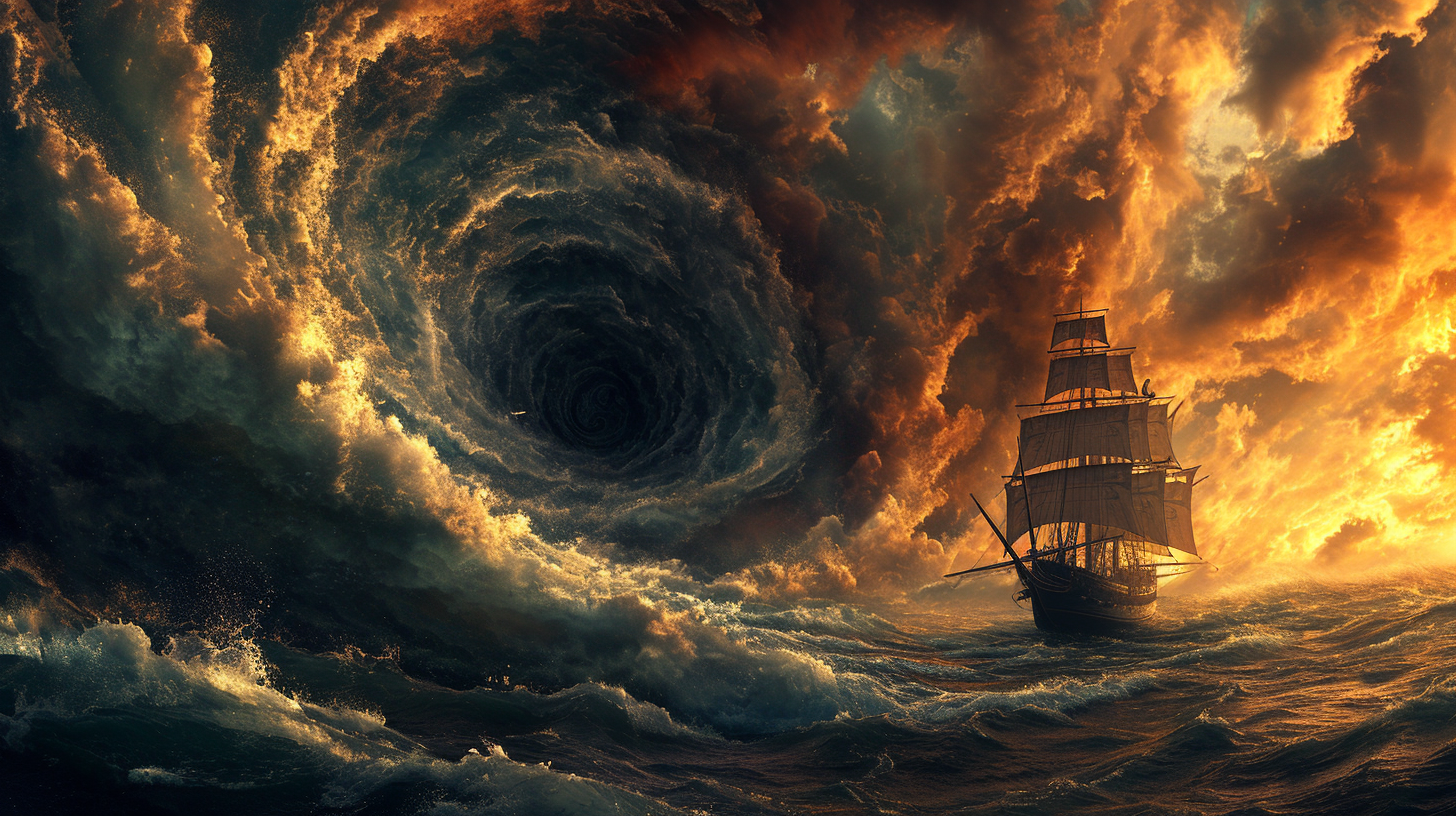 Ancient Greek ship heading into a vortex at sea