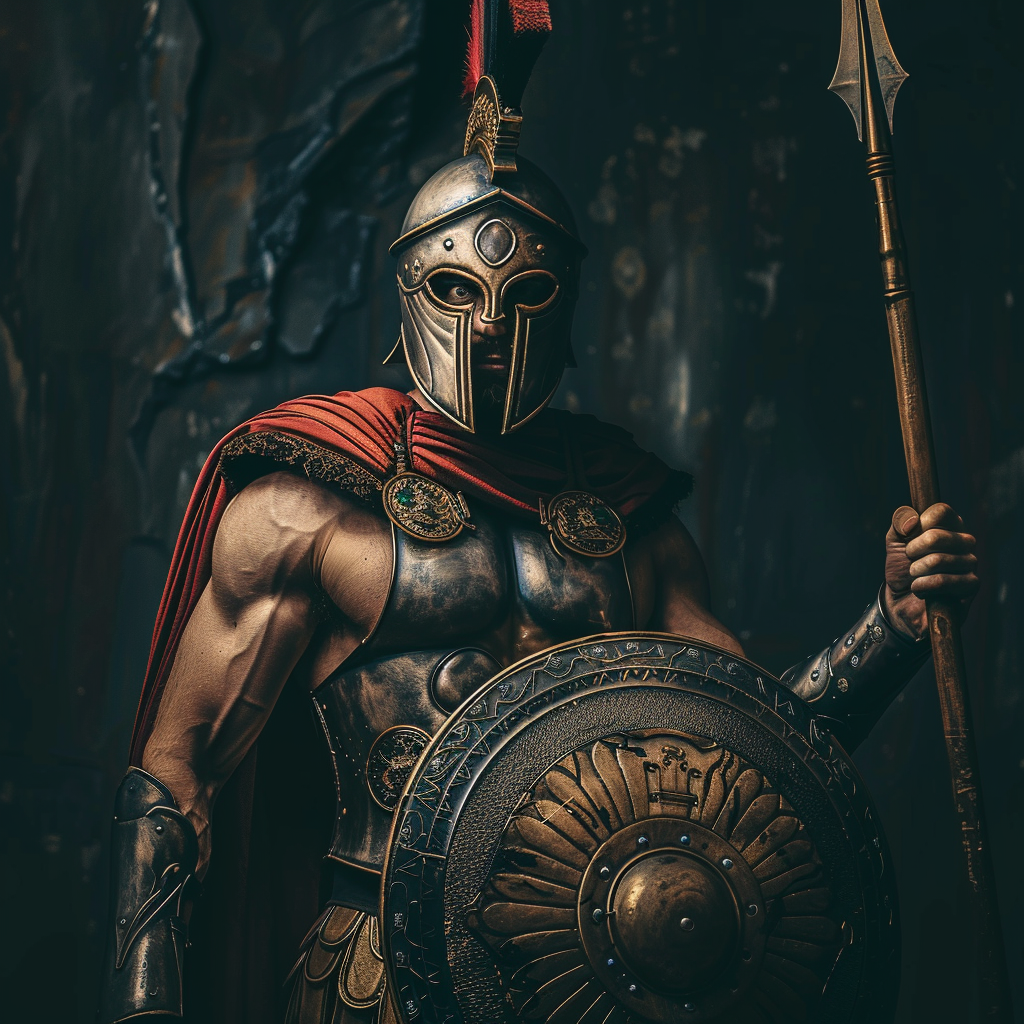 Spartan soldier holding spear shield