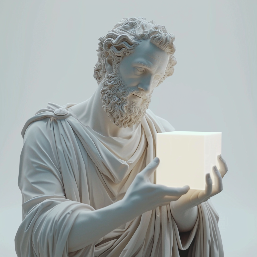 Greek Statue Holding 3D Cube