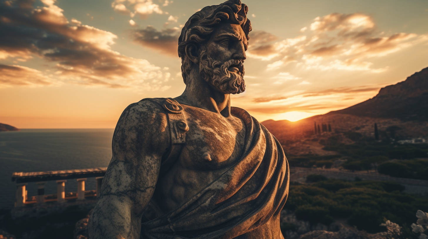 Greek Statue with Beautiful Sunset