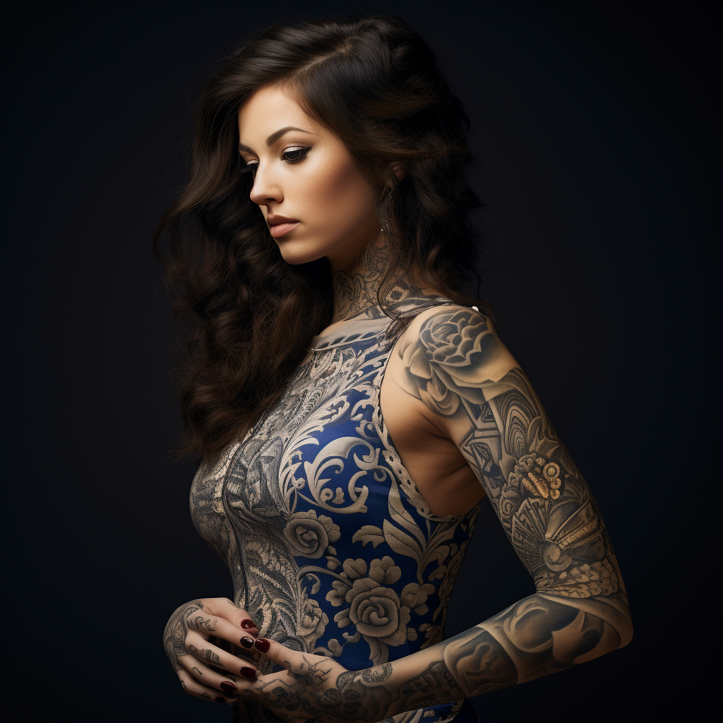 Young brunette woman with intricate Greek-style tattoos