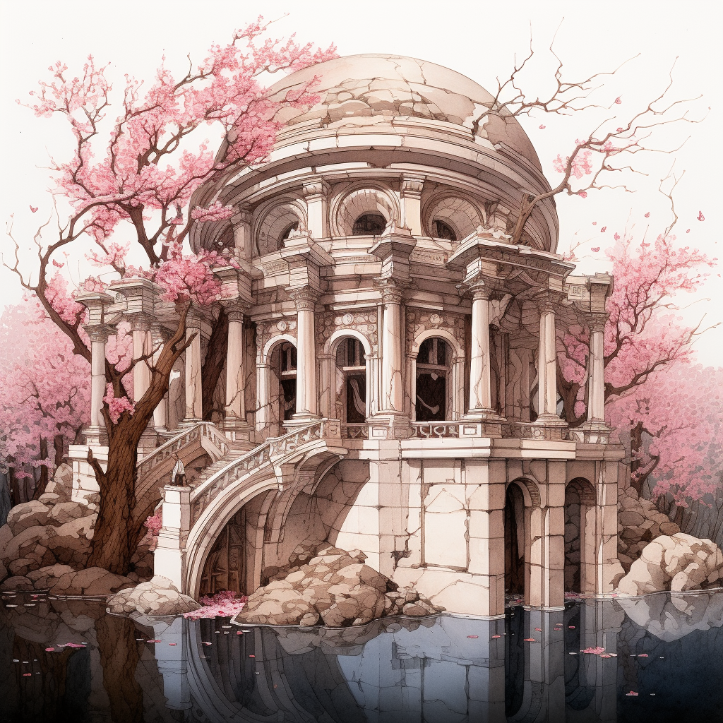 Weathered Greek Temple with Cell Division and Cherry Blossoms