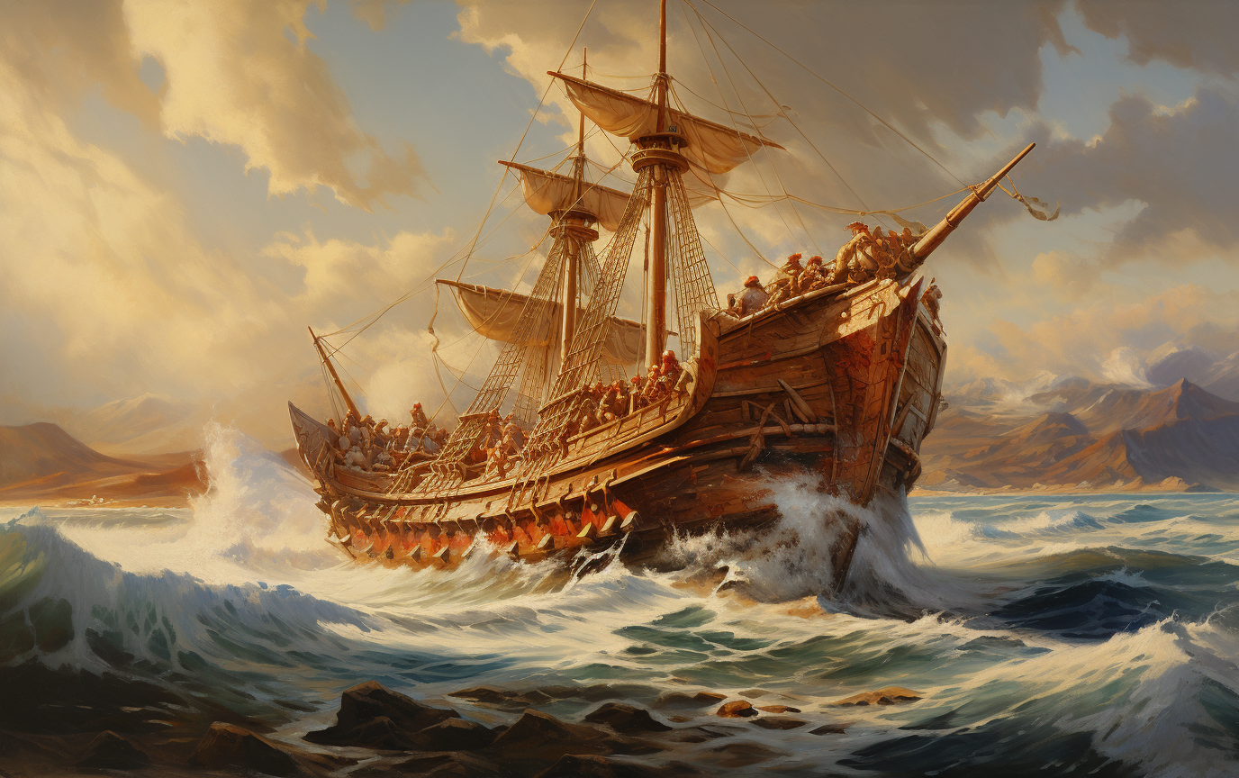 Greek trireme naval battle artwork