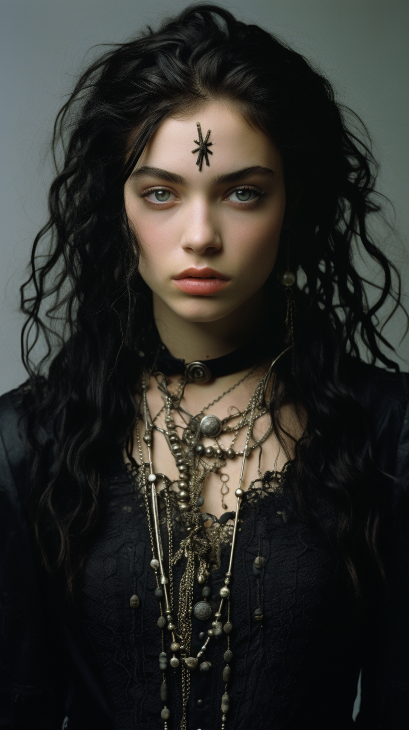 Beautiful Greek vampire with alabaster skin and black curly hair