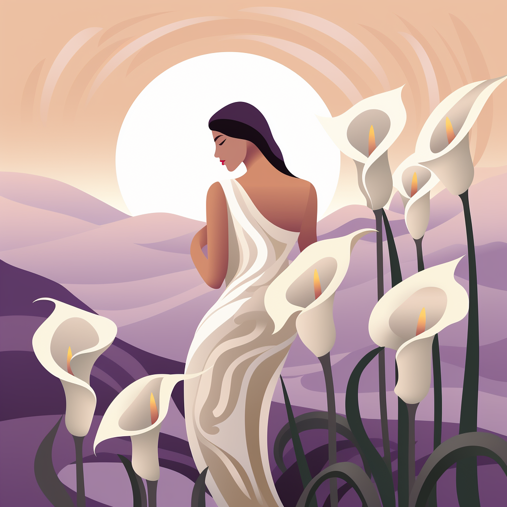 Greek woman holding calla lilies in soft geometry style