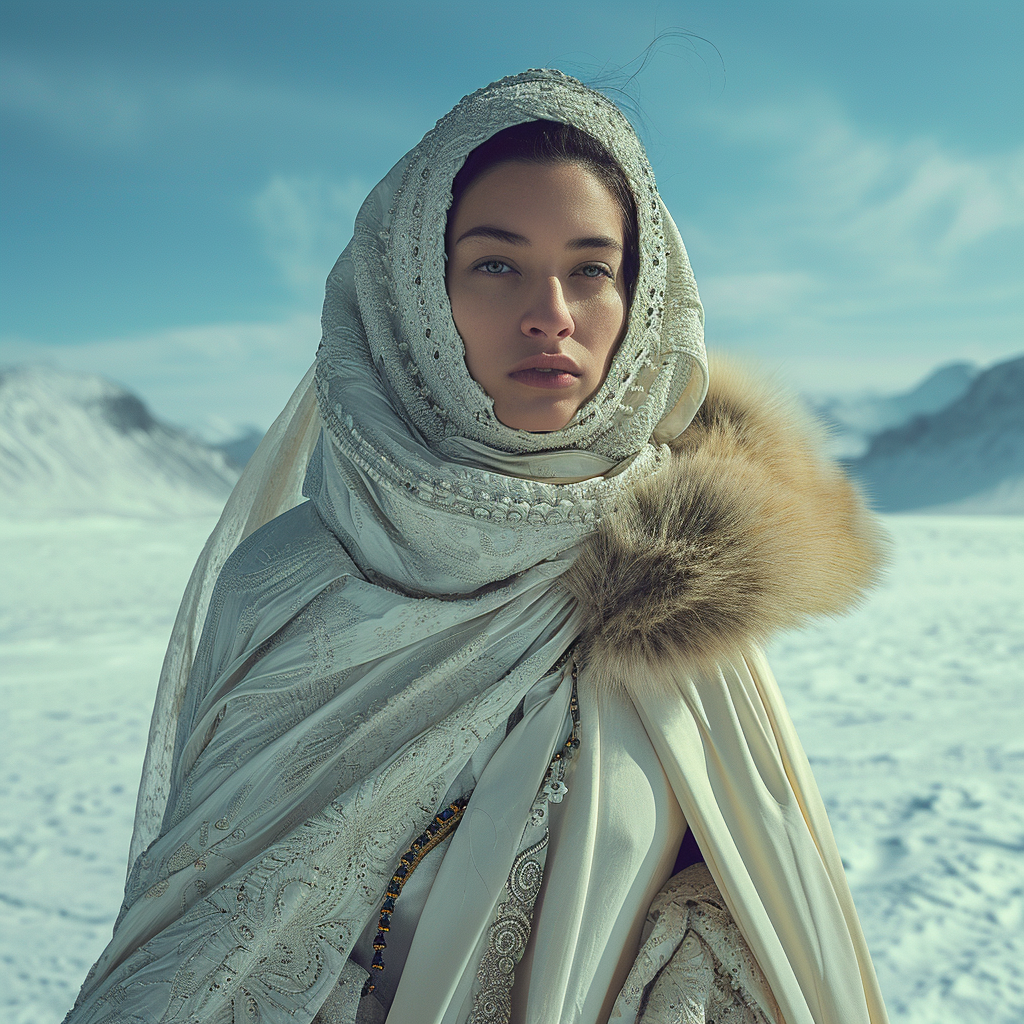 Greek woman in futuristic robes with fur trim