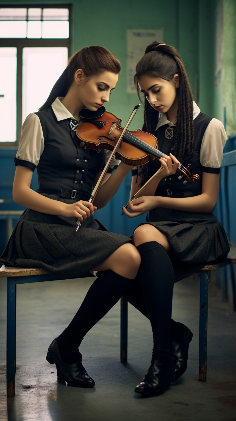 Two Greek women playing violin at school