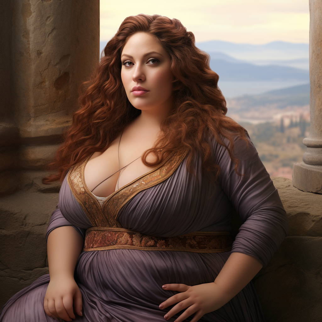 Beautiful woman in ancient Greece with fat belly