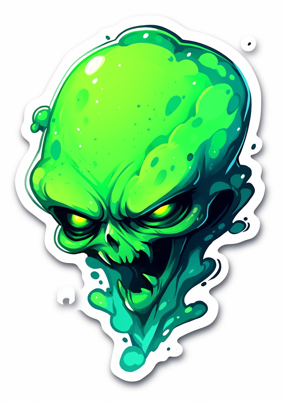 Detailed Green Alien Sticker by Ralph Steadman and Jason Freeny