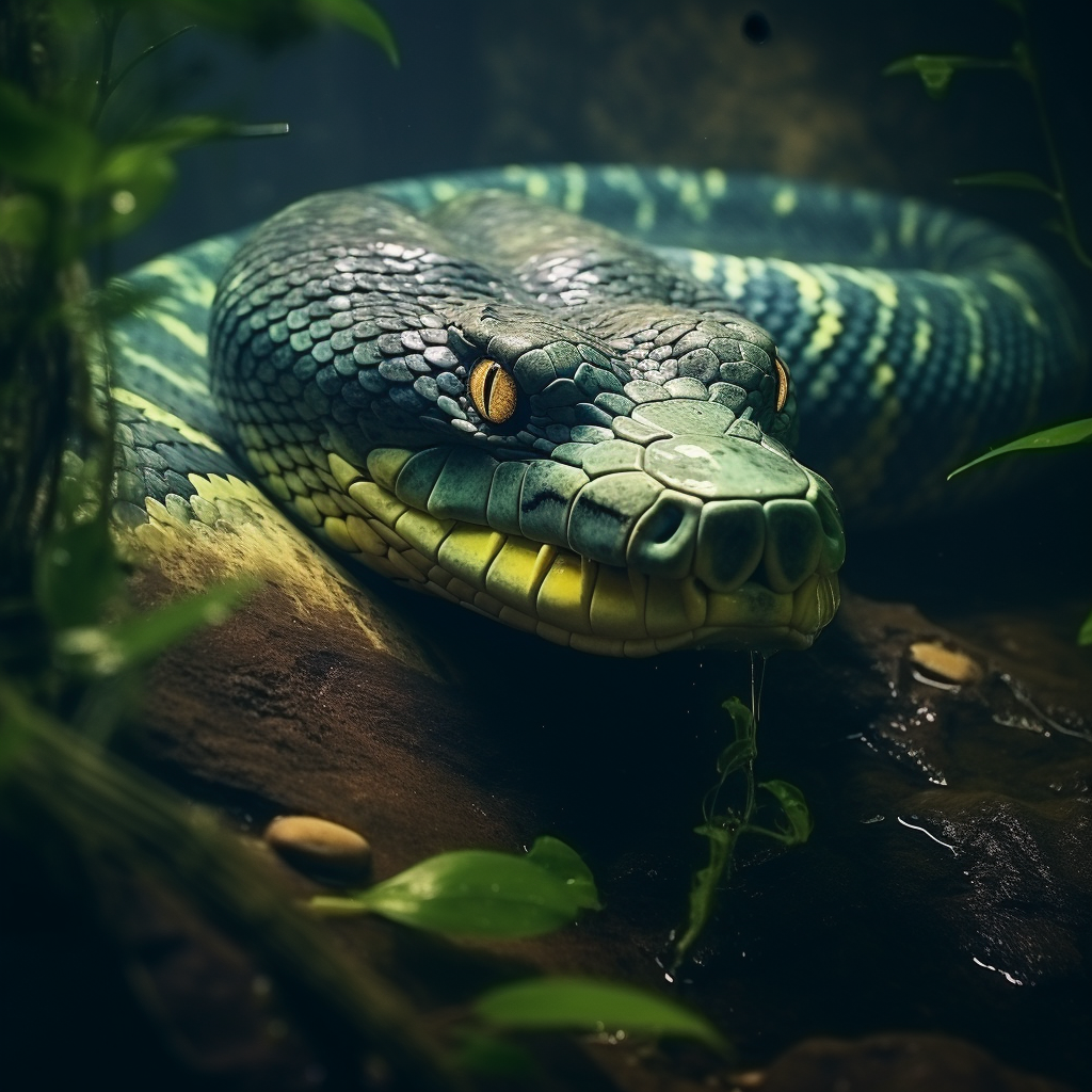 Giant Green Anaconda swimming underwater