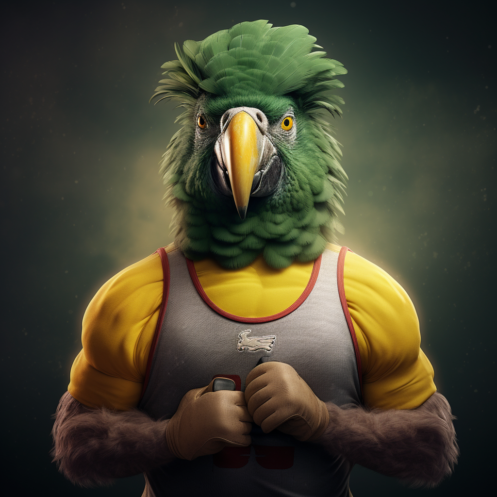 Muscular anthropomorphic parrot wearing green jumper