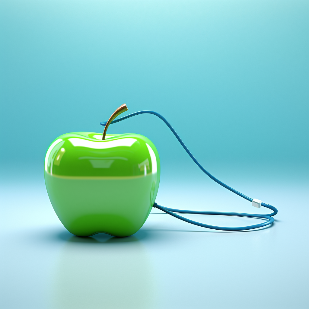 Green apple connected to USB cable with conversation bubble