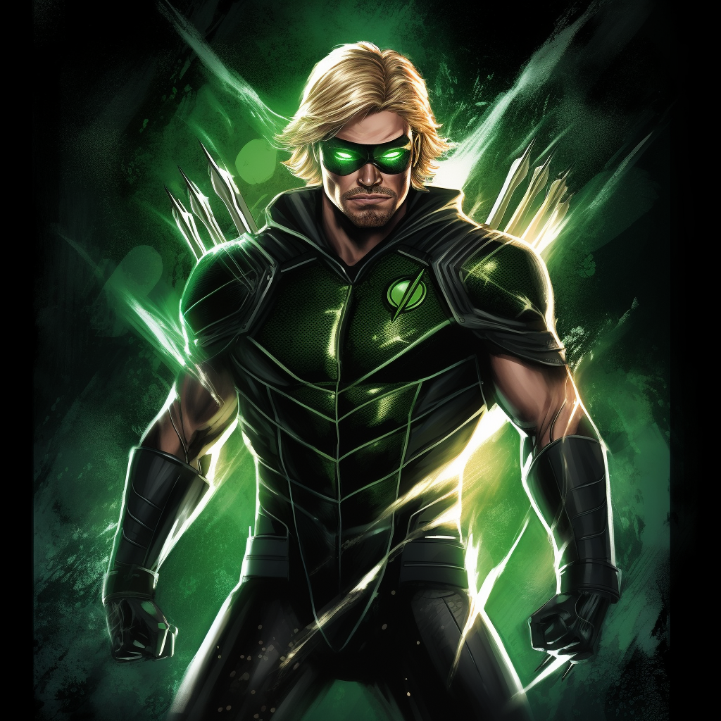 Green Arrow in classic outfit strikes a heroic pose