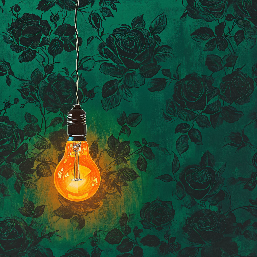 Green background with veiled rose and light bulb