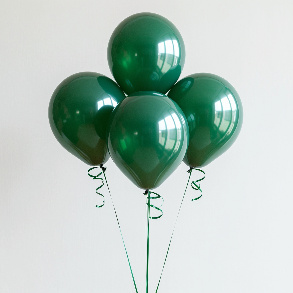 Green Balloons Floating with Ribbons on White