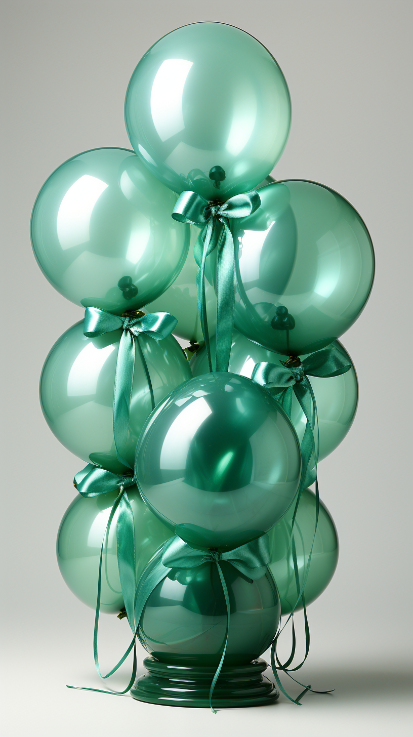 Green balloons floating with ribbons