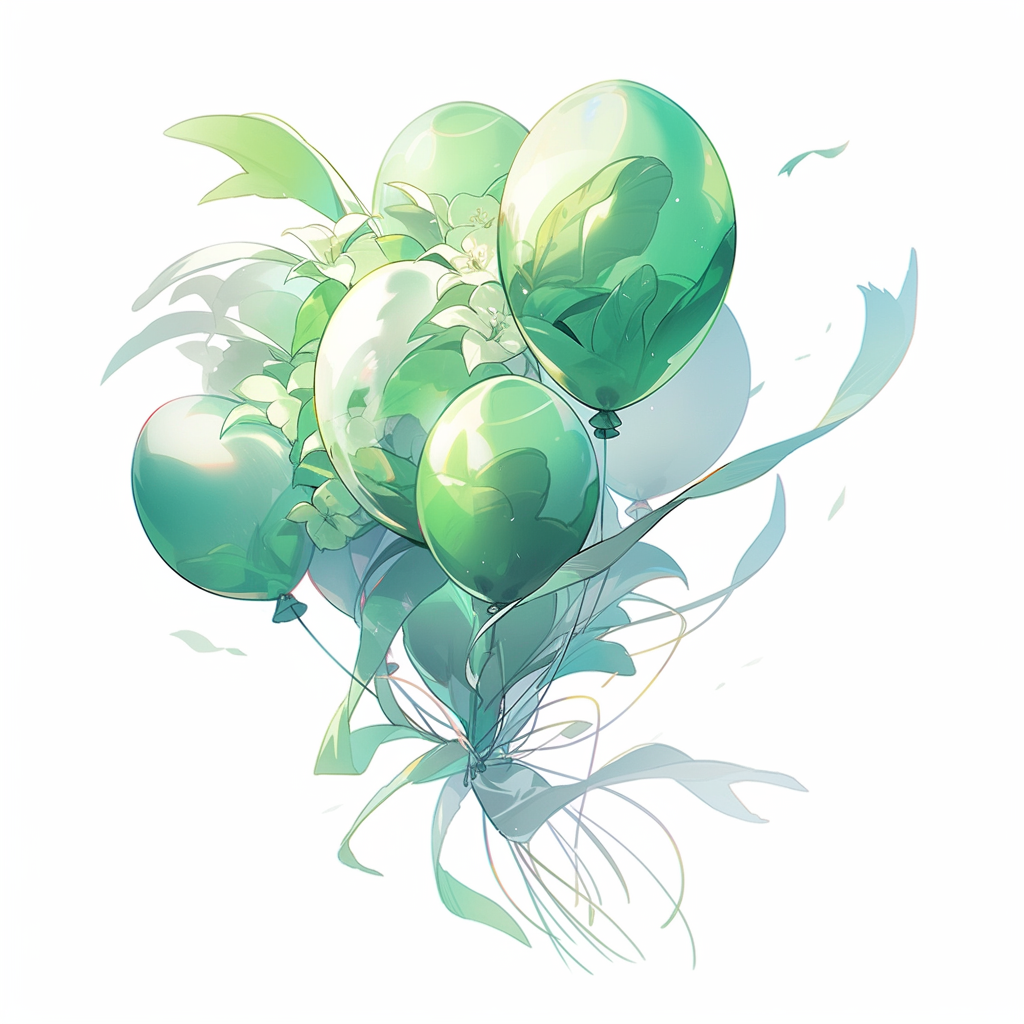 Green balloons tied together floating with intertwined ribbons