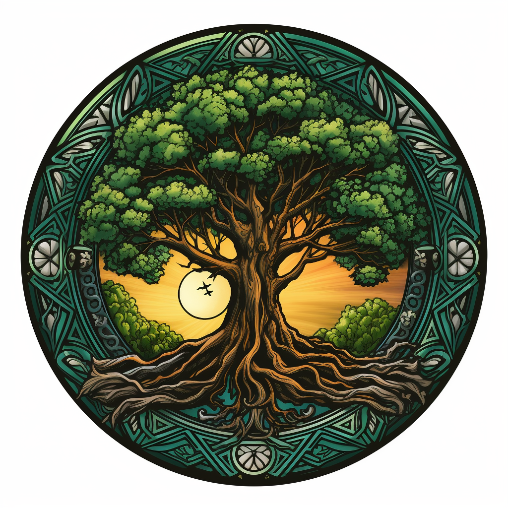 Multi-colored logo with oak tree and compass