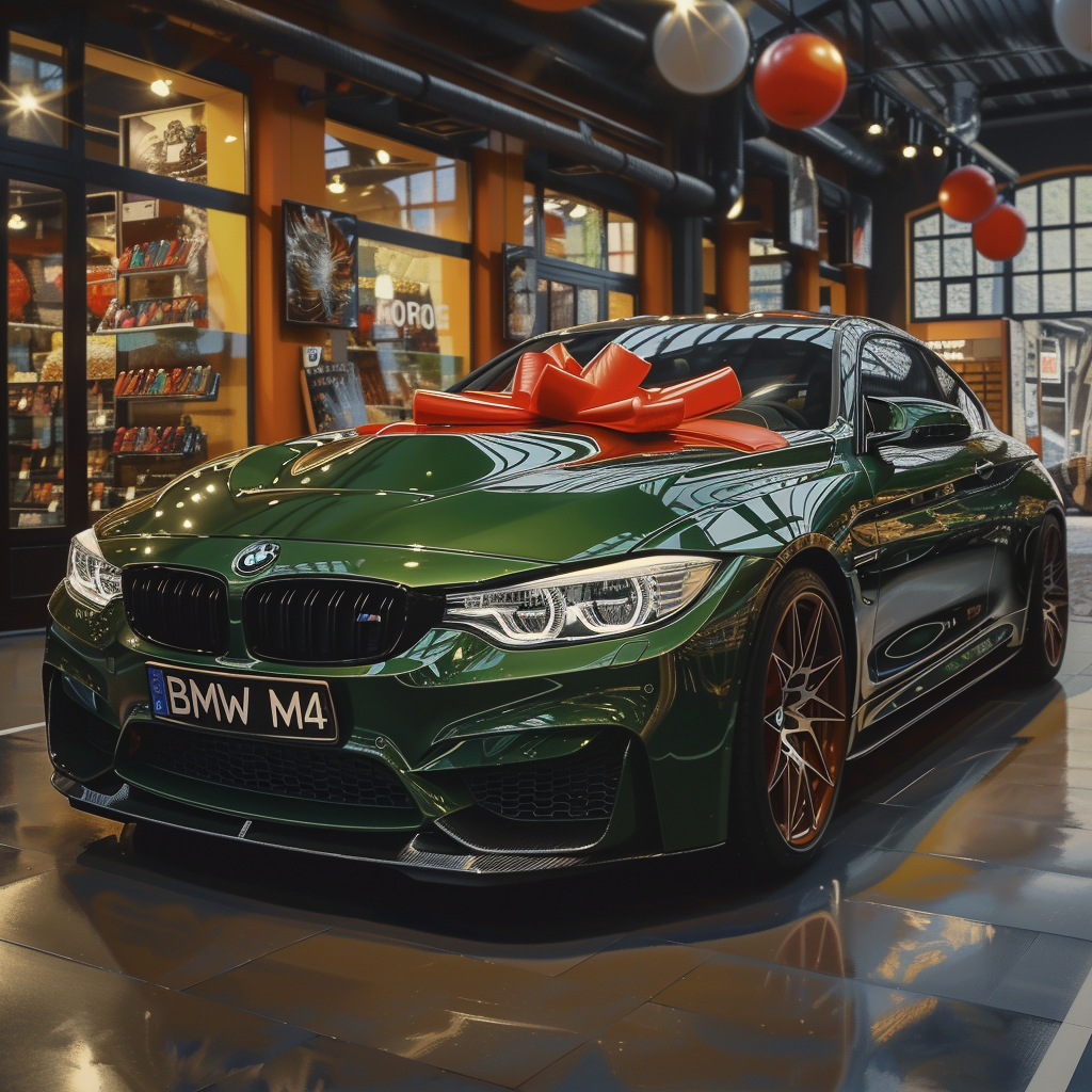 Green BMW M4 with Red Bow