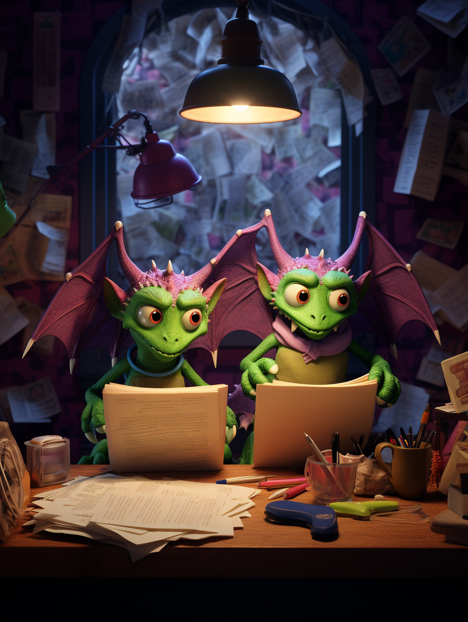 Two purple latex devils observing green bulletin board