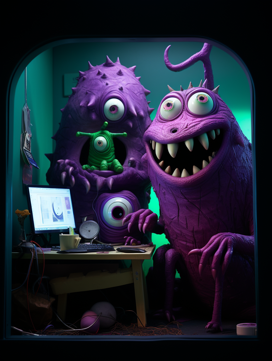 Two purple devil figurines on bulletin board