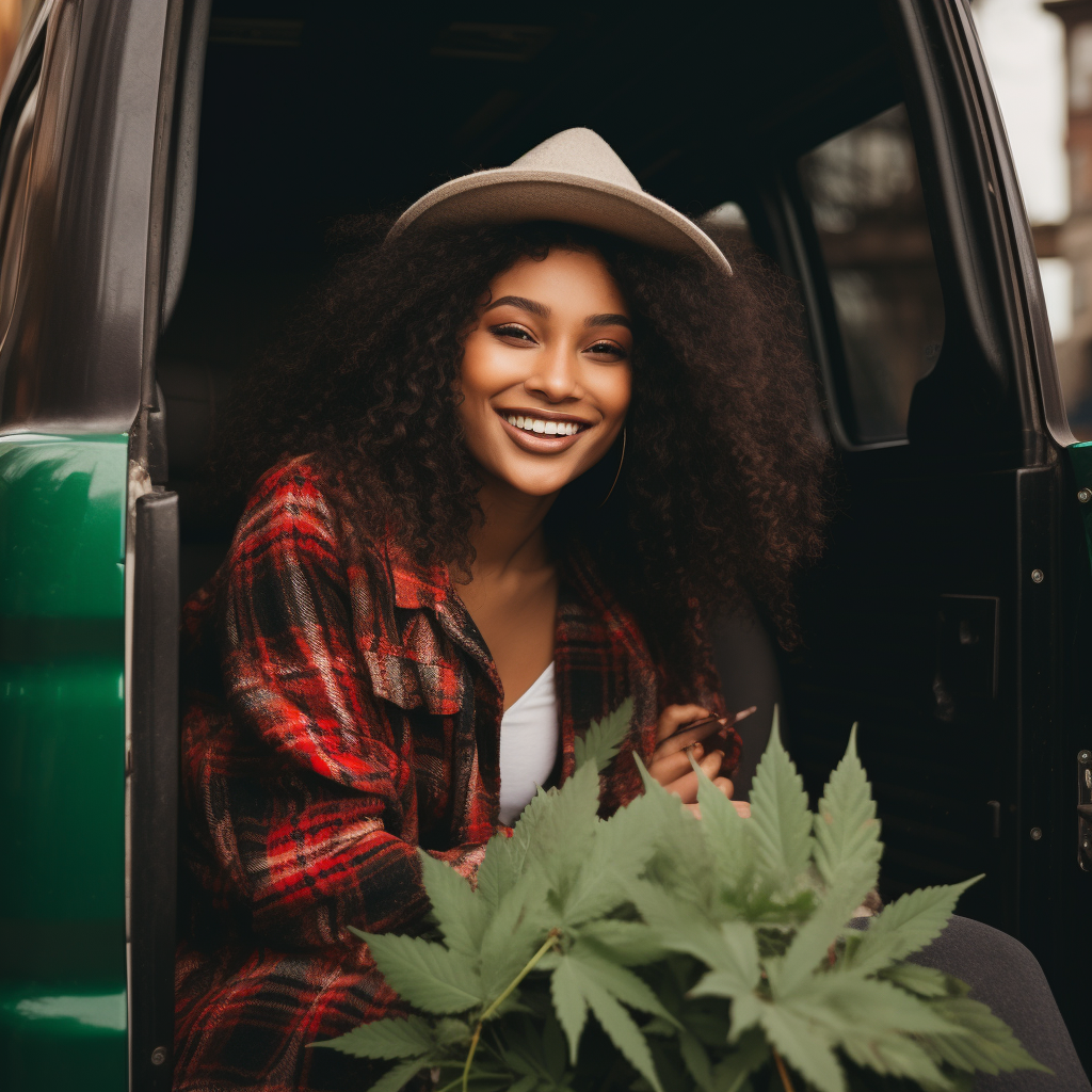 Ethnic woman with cannabis delivery truck