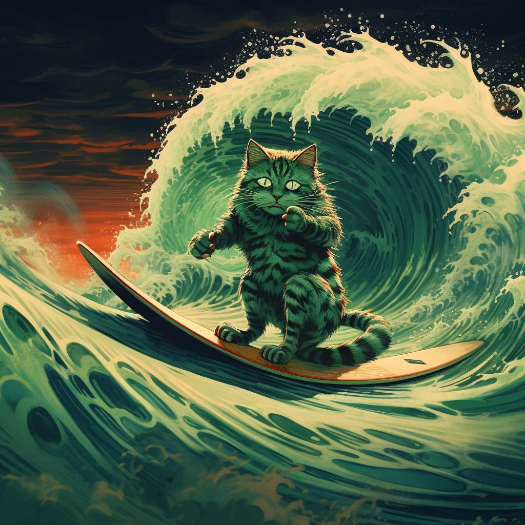 Green Cat Riding Surfboard on Moon