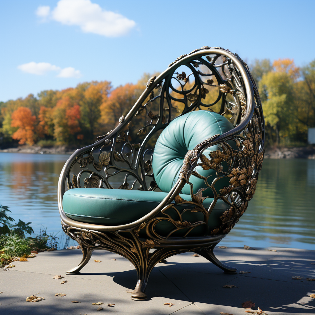 Captivating green chair made of branches in front of a lake