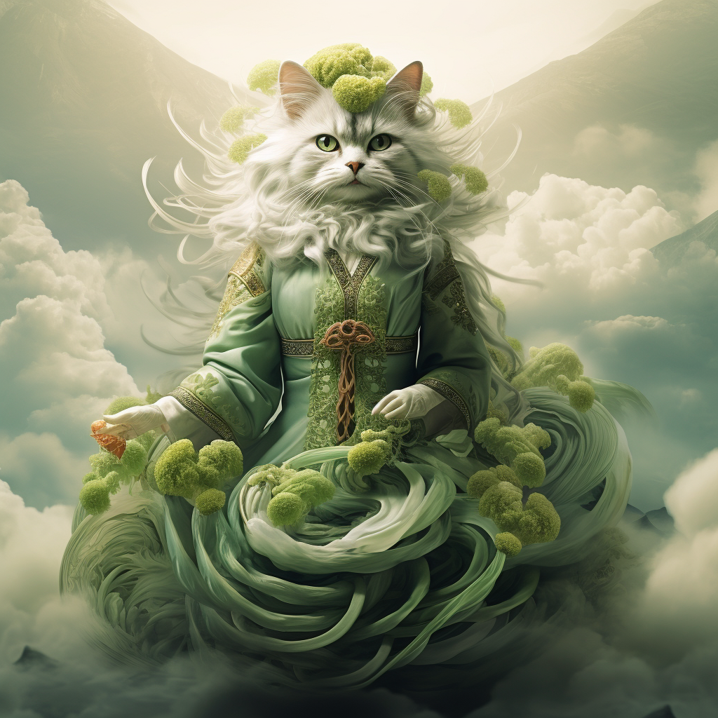 Cat in Green Chinese Costume with Vegetables