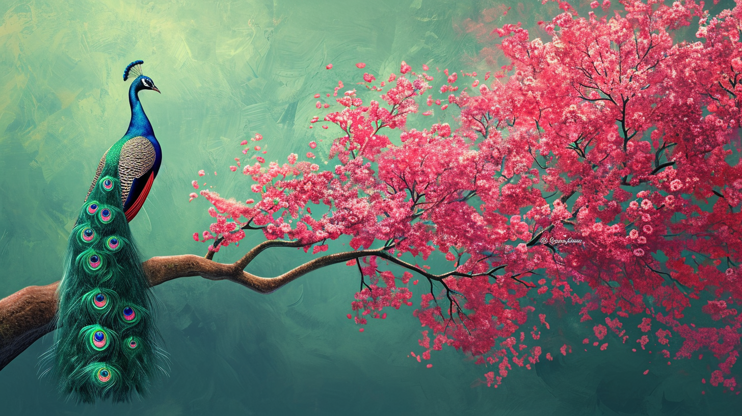 Green Chromatic Background with Pink Peacock Tree