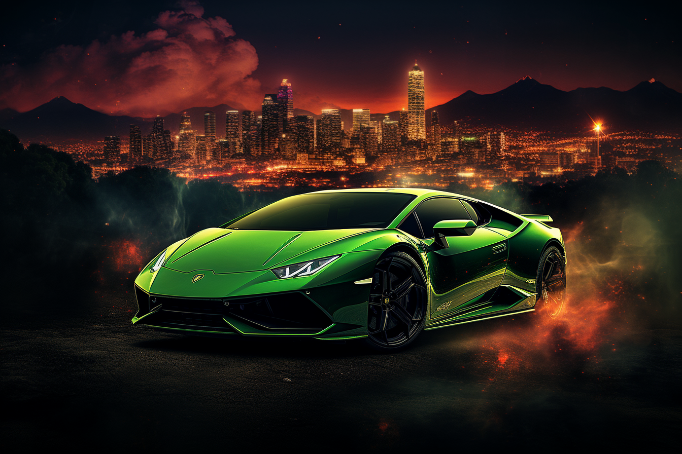 Green Lamborghini with Burning City Panorama