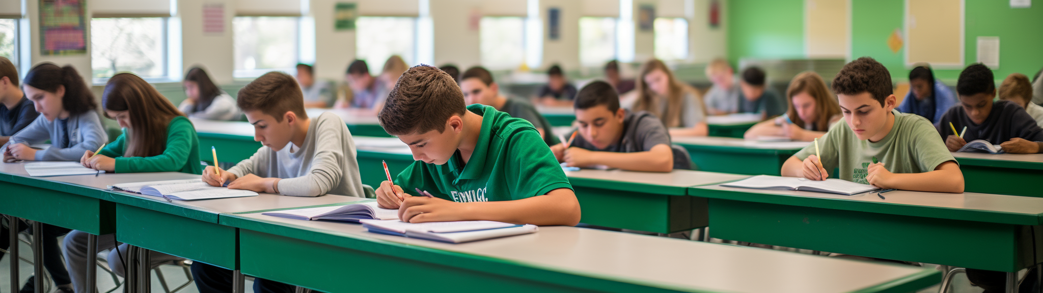 students writing test in green classroom