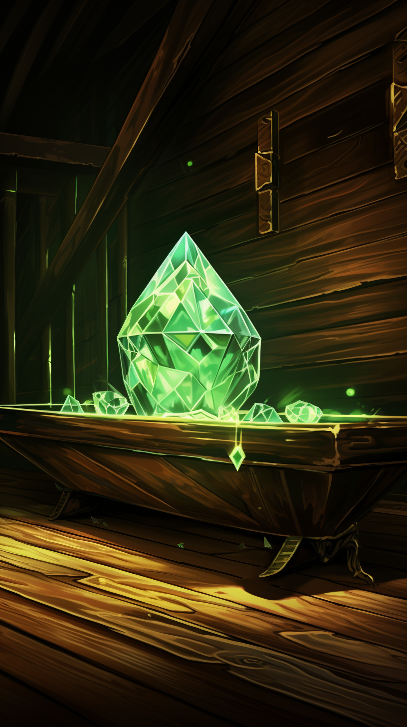 Glowing green crystal coffin in wooden room