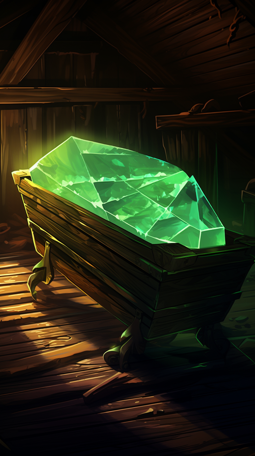 Enchanting green crystal coffin in wooden room on ship