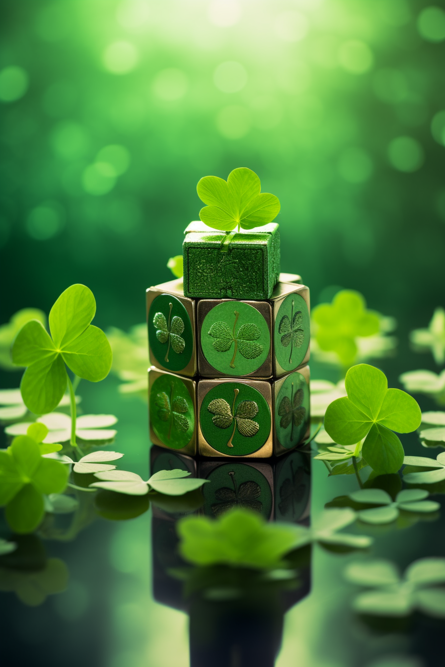 Green cube with clovers on table