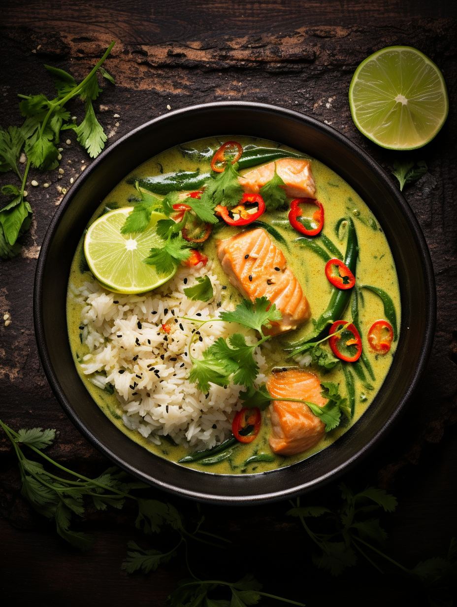 Green Curry with White Rice and Salmon in a Black Bowl