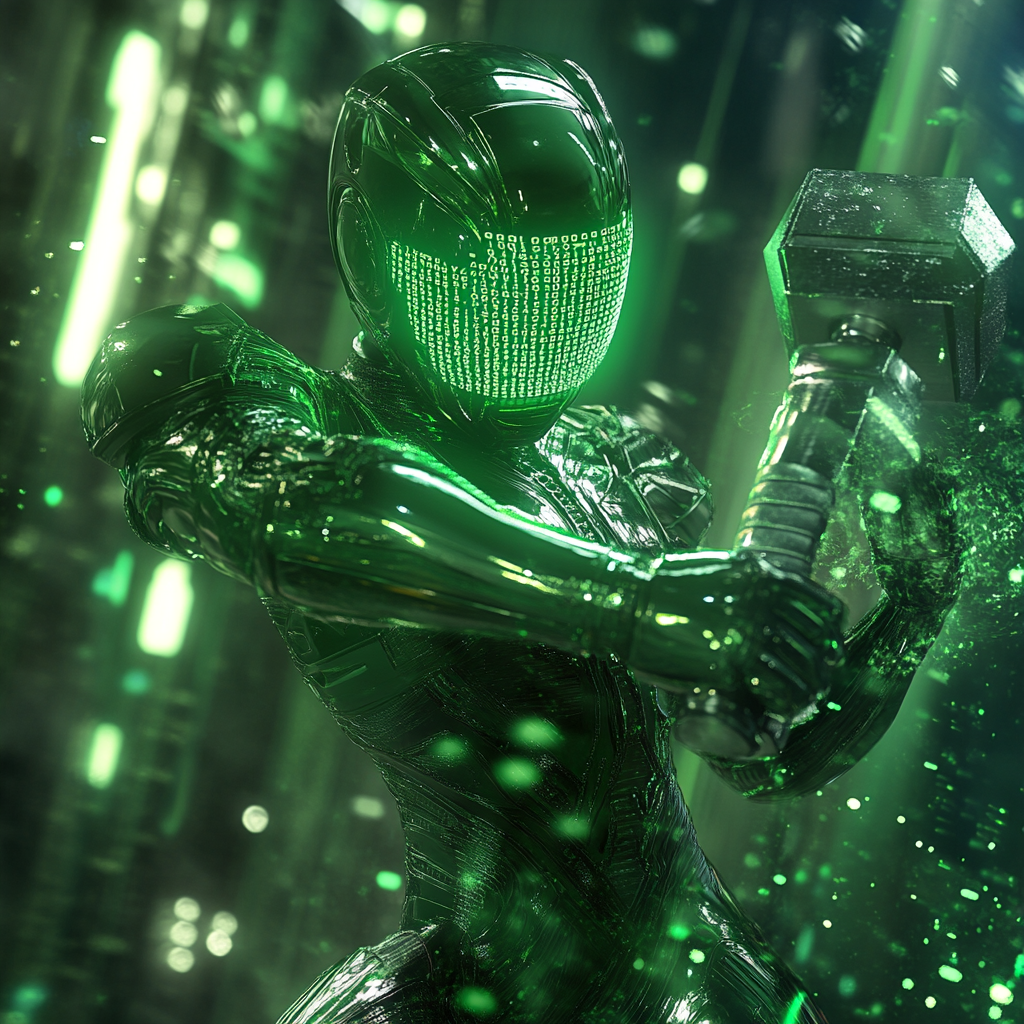 green cyber ranger with code on visor, sledge hammer