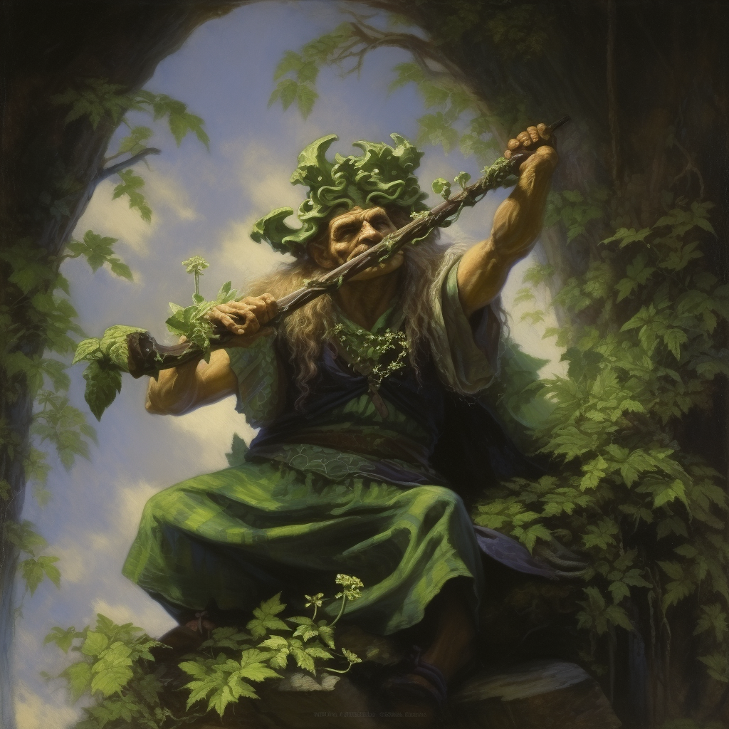 Green dancer fey deity playing pipes