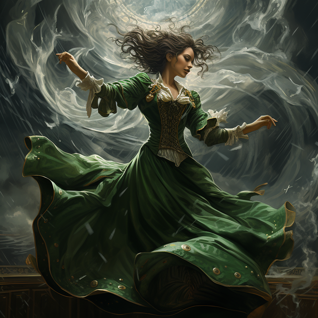 Woman gracefully dancing in green amidst a storm