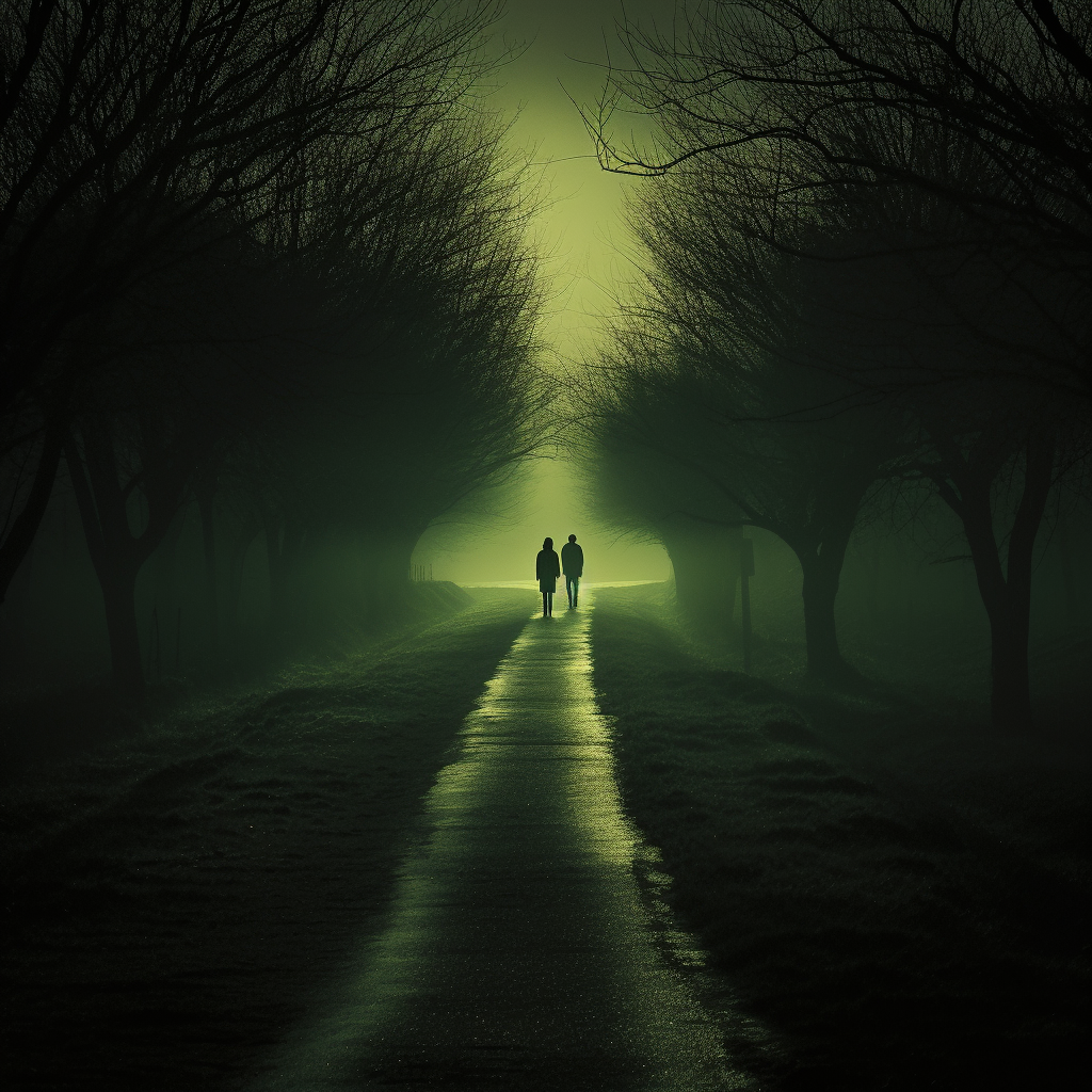 Two silhouettes walking on a green dawn road