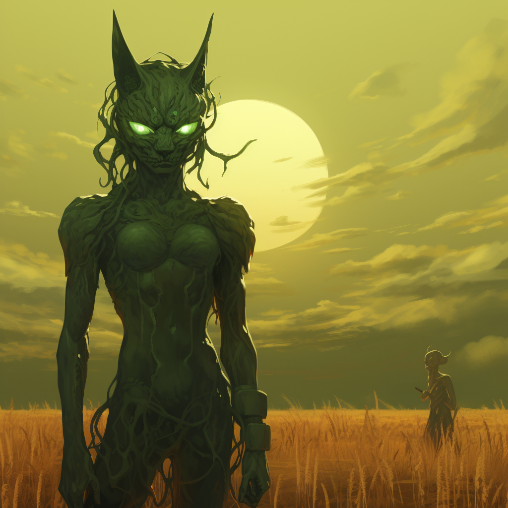 Green demon and metallic cat in field